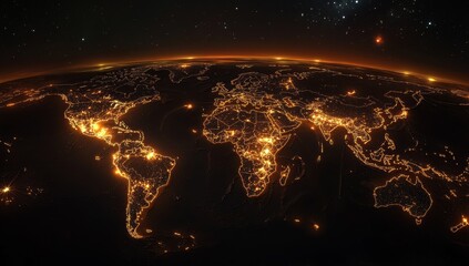 Illuminated Earth at night, showing city lights and coastlines.