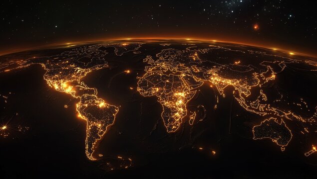 Illuminated Earth at night, showing city lights and coastlines.