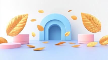 A whimsical scene featuring colorful geometric shapes and floating leaves, creating a playful and vibrant atmosphere.