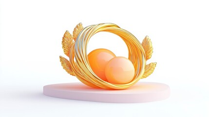 Obraz premium A decorative nest with two orange eggs, surrounded by golden leaves, resting on a soft pink surface.
