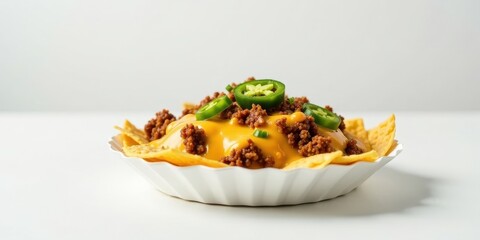 A Delicious Dish of Melted Cheese, Seasoned Ground Meat, and Crispy Tortilla Chips Topped with Sliced Jalape?os