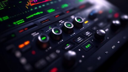 Obraz premium Close-up of a Futuristic Audio Mixer Control Panel