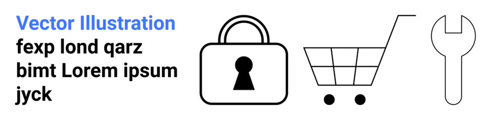 Vector icons include a lock, shopping cart, wrench, and placeholder text. Ideal for concepts of online security, e-commerce, web maintenance, privacy shopping tools protection. Landing page