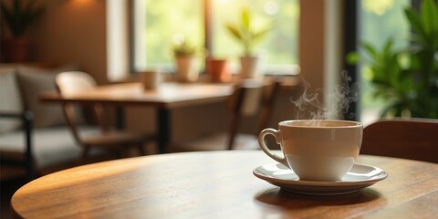 Obraz premium Aromatic Steam Rising from a Warm Beverage in a Cozy Cafe Setting
