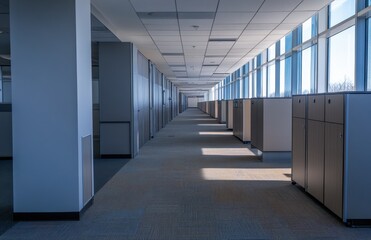 Modern Office Hallway with Rows of Cubicles and Large Windows Allowing Natural Light to Brighten the Spacious Interior in a Professional Setting
