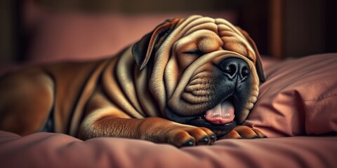 Obraz premium A dog is yawning while lying on a soft bed, showing its relaxed demeanor in a cozy indoor environment on a peaceful afternoon