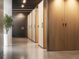 Modern Office Interior Featuring Minimalist Design with Wooden Cabinets, Natural Light, and Green Plant Accentuating a Calm Working Environment