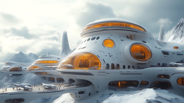 Futuristic white buildings on snowy mountains.