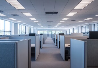 Modern Office Interior with Desks and Cubicles in a Bright Workspace Under Natural Light in a Corporate Environment