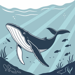 Fototapeta premium A stunning vector illustration of a humpback whale gracefully swimming in the deep sea, showcasing its majestic movement and the serene ocean environment.