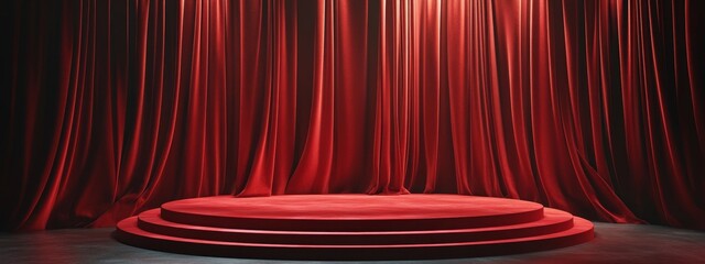 Red velvet curtains backdrop with a two-tiered round stage.