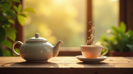 Fototapeta premium Serene Morning Tea Ritual Warmth, Tranquility, and the Gentle Steam Rising from a Freshly Brewed Cup