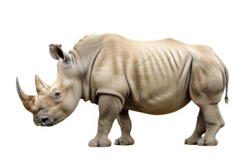 Obraz premium A realistic depiction of a rhinoceros standing in profile against a white background.