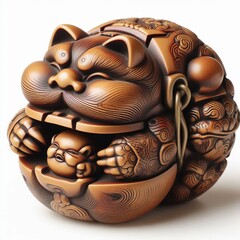 48 A close up of a Japanese style sculpture netsuke on a white b