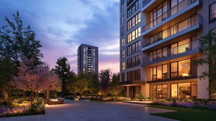 Obraz premium Modern apartment building at dusk with landscaped courtyard.