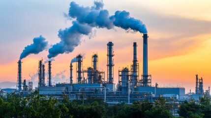 Fototapeta premium Industrial District with Smog and Pollution at Dusk