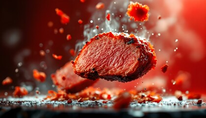 Fototapeta premium A slice of roasted pork ascending, embodying the lively spirit of traditional Chinese cooking methods