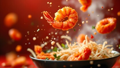 Flying fried shrimp enveloped in smoke, illustrating the excitement of Chinese food preparation