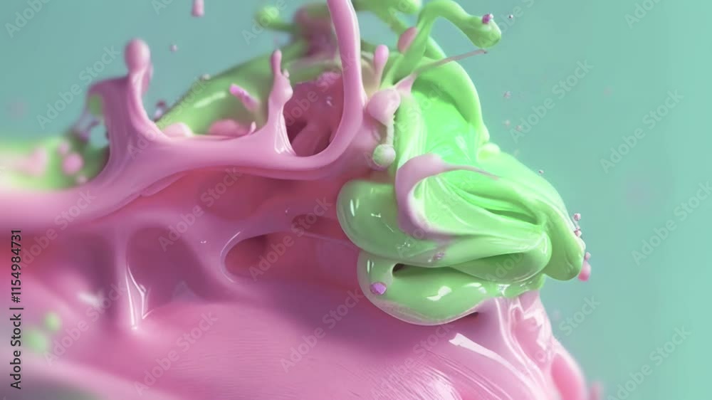 Poster Dynamic splash animation of pink and green liquids with a glossy texture. Realistic drops and splashes come to life on a blue background, emphasizing energy and vibrancy