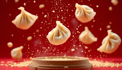 Naklejka premium Dumplings soaring through the air against a vibrant red background, showcasing the essence of Chinese cuisine