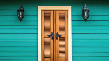 Charming wooden shutter door with cream trim, black hinges, and a vintage latch, set against a beautiful teal green exterior wall with a light fixture above.