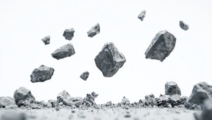 Levitating rocks against white background.