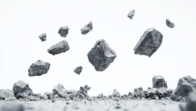 Levitating rocks against white background.