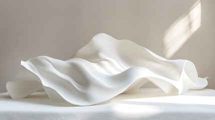 Elegant White Fabric Sculpture with Soft Waves in Natural Light