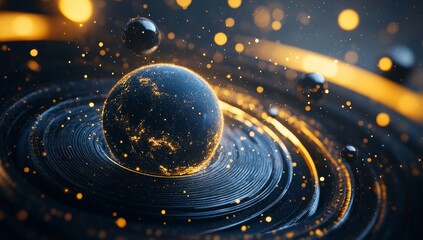 Obraz premium Glowing planet on swirling dark platform with metallic spheres and bokeh.