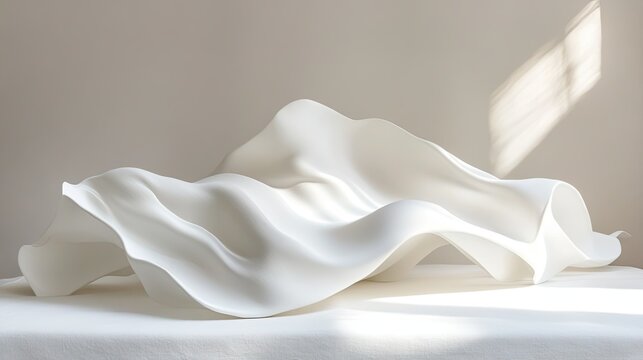 Elegant White Fabric Sculpture with Soft Waves in Natural Light