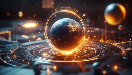 Futuristic digital Earth globe surrounded by glowing rings and cosmic elements.
