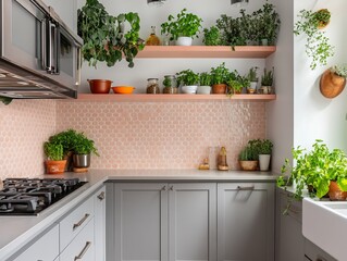 Fototapeta premium Modern Kitchen With Abundant Greenery And Grey Cabinets