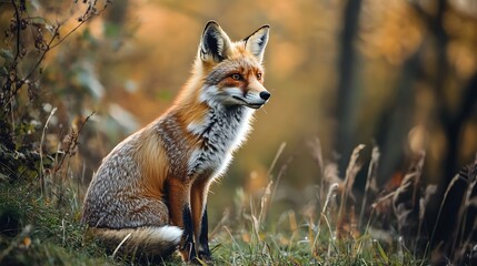 Fototapeta premium Red Fox in Autumn Forest. Wildlife, Nature, Animal
