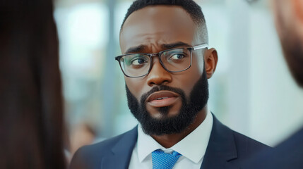 Fototapeta premium A man in a suit with glasses looks thoughtfully during a conversation.