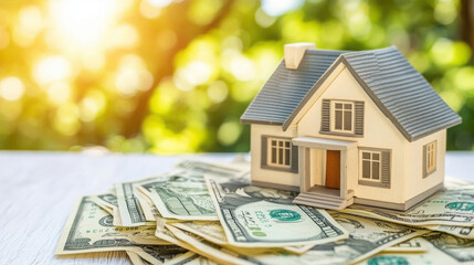 A miniature house sits atop a pile of money, symbolizing real estate investment and wealth.