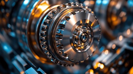 Close-up of intricate metallic industrial machinery gears.