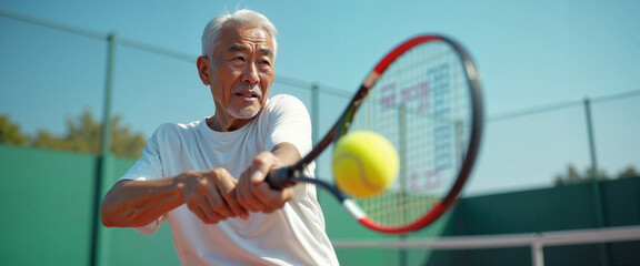 Senior man playing tennis on a sunny day at a sports facility in Japan