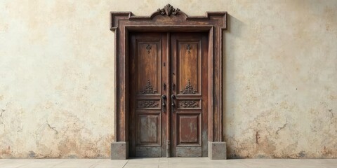 Antique double wooden door with ornate carvings set within a weathered stone frame against a textured wall