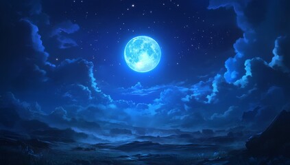 Full blue moon shining over a dark landscape at night.