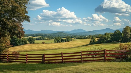Obraz premium Scenic Mountain Landscape with Lush Green Fields and Blue Sky