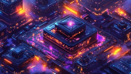 Fototapeta premium Futuristic city glowing at night, isometric view.