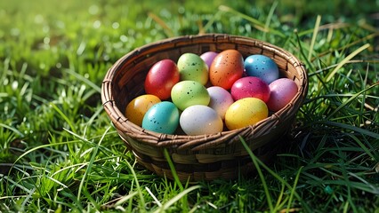 A basket filled with pastel-colored Easter eggs and flowers, holiday promo poster Easter sale banner background, vibrant colors, romantic love and harmony