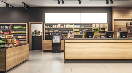Modern Grocery Store Interior with Shelves and Checkout Counter