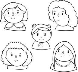 Set of icons of girls, teenagers. Female face various types signs thin line Icon set Include of avatar user, portrait or person head. Vector illustration of icons