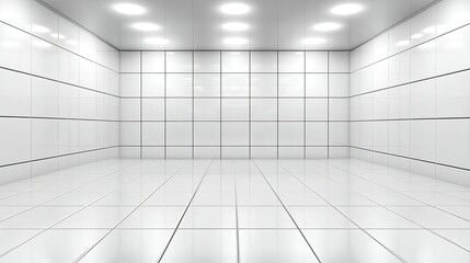 Bright and Clean Empty Room with Glossy White Tiles and Lights