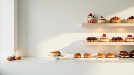 Naklejka premium A sunlit display of delectable pastries and breads arranged on pristine white shelves and a counter