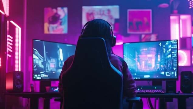 Woman gamer playing video games on two monitors in a vibrant room.