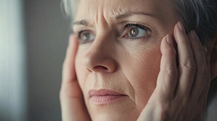Concerned Woman with Hand on Face in Thoughtful Reflection
