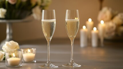 Elegant Champagne Glasses Against Romantic Candlelit Background