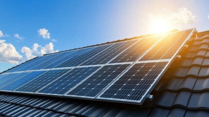 Solar Panels on Suburban Rooftop at Sunrise